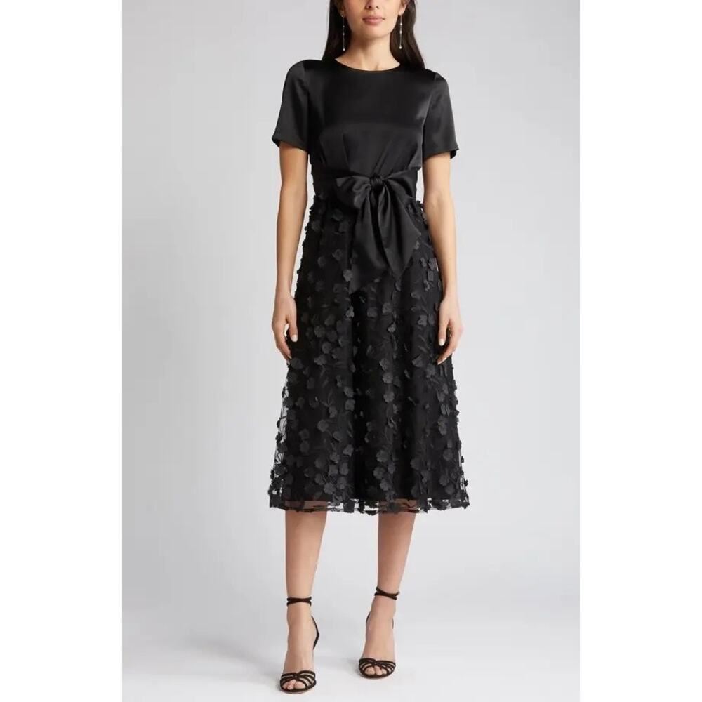 Anne Klein Black Floral Appliqué Tie Waist Satin Midi Dress Size Small